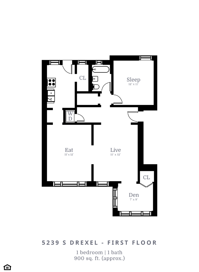 Floor plan for 1 bed, 1 bath, 600 sqft
